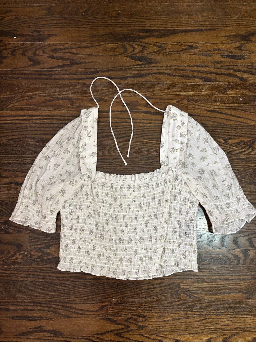 Puff sleeve crop top blouse floral print with tie bow in back cottagecore